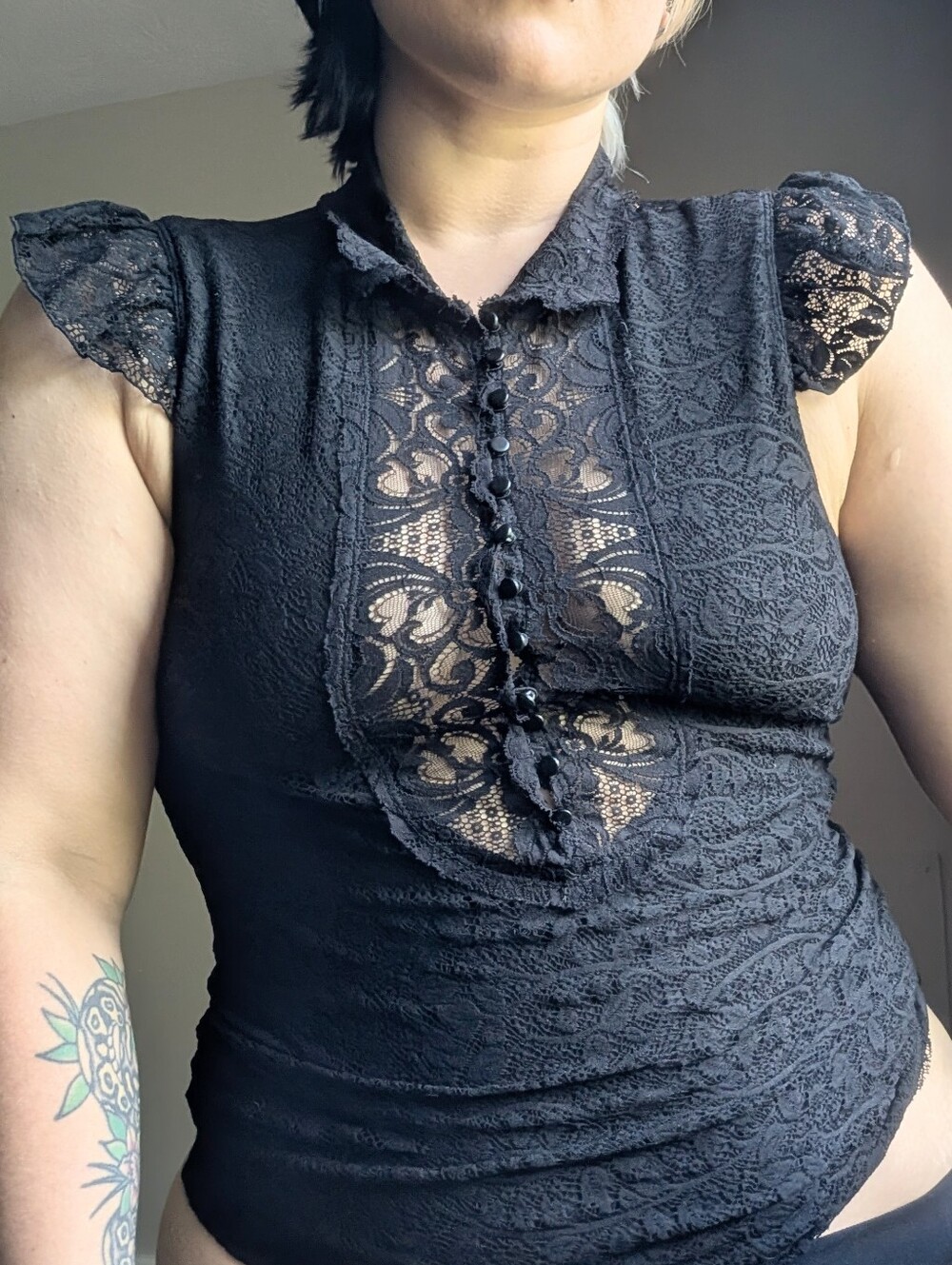 Vintage Lip Service Sheer Black Lace Button Up Victorian Gothic Top Size XL